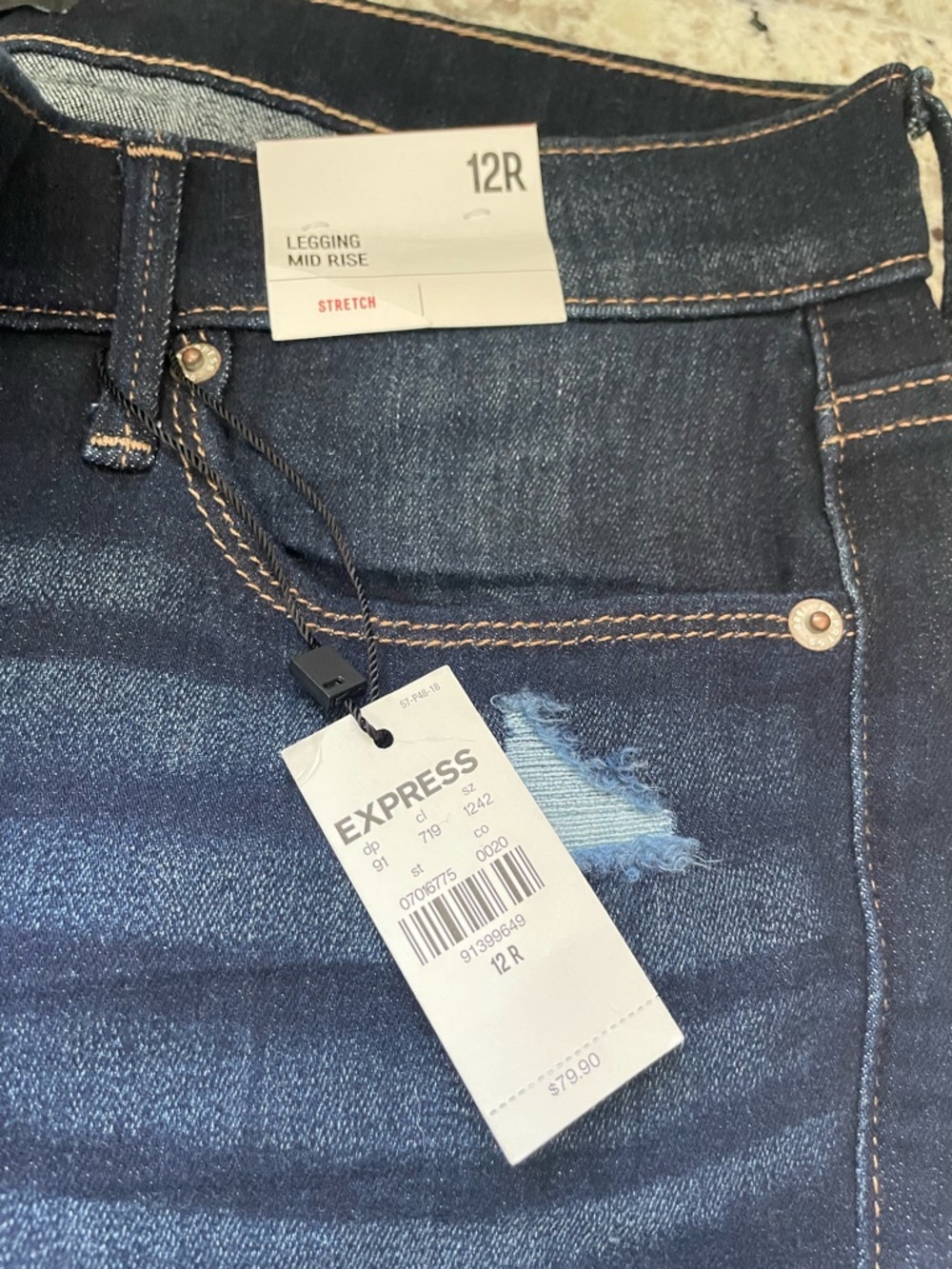 Express Women's Mid Rise Jeggings - Dark Blue with Light Distress